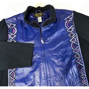 Bob Mackie Wearable Art Blue leather jacket with embroidery & ribbed panels 2XL